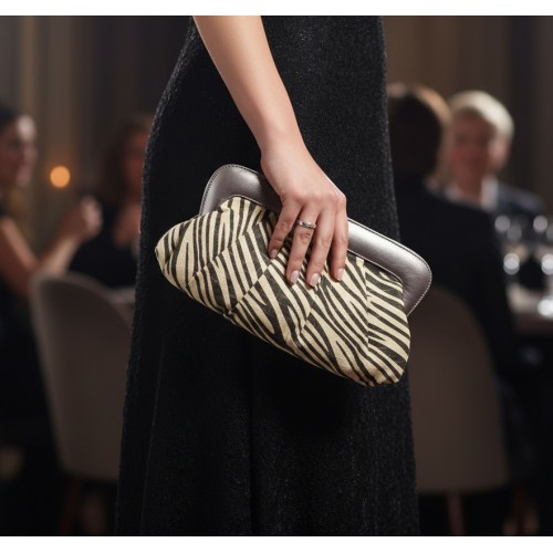 Evening Bag - Pleated Zebra Print w/ Leather Like Frame - Gray - BG-92089GY